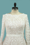 Prom Dresses A-Line Long Sleeves Soft Lace Bateau Court Train