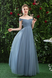 Cheap Off The Shoulder Tulle Long Prom Dress With Short Sleeves, Simple Bridesmaid Dresses