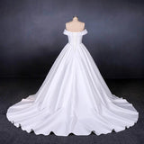 Ball Gown Off the Shoulder White Satin Wedding Dresses, Simple Cheap Wedding Gowns SJS15065