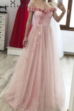 Princess A-line 3D Flowers Off the Shoulder Tulle Glitter Prom Dresses, Sweetheart Dance Dress SJS15287