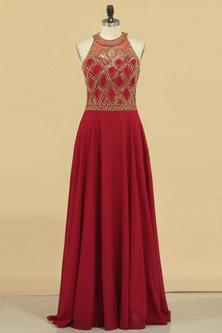 Prom Dresses Scoop A Line Chiffon With Beads Floor Length