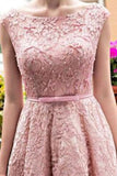 Bateau A-Line Lace Prom Dresses Tea Length With Applique And Belt