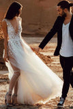 A-Line Deep V-Neck Sweep Train Tulle Ivory Wedding Dress with Appliques Split SJS15049