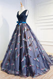 Beautiful Prom Dresses Ball Gown V Neck Lace Beading Bowknot Tulle Evening Dress