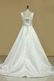 A Line Scoop Beaded Waistline Wedding Dresses Satin With Bow Knot Court Train