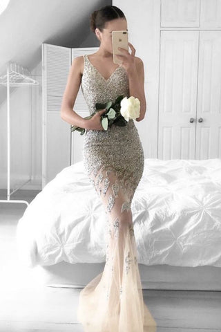 Sexy Prom Dresses Mermaid V Neck Tulle With Beading Zipper Up See Through