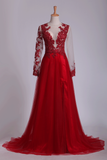 Long Sleeves Straps Prom Dresses With Beading Lace