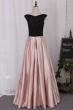 New Prom Dress A Line Boat Neckline Floor-Length Satin With Beaded Waist Line