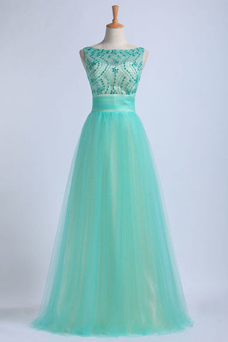 Prom Dresses Scoop Floor Length Tulle With Beadings