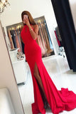 Halter Open Back Satin Mermaid Evening Dresses With Slit