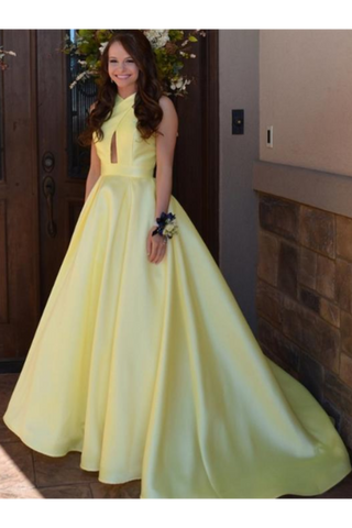 Daffodil Satin Sleeveless Criss-Cross Neckline Prom Dress With Sweep SJSPKEZK54J