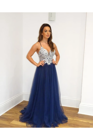 A Line Navy Blue Tulle Prom Dresses Spaghetti Back Crossed Straps Prom Gown