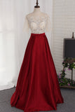 A Line Prom Dresses Scoop Beaded Bodice Short Sleeves Satin