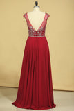 Burgundy Prom Dresses A-Line Scoop Floor-Length Chiffon Beaded Bodice