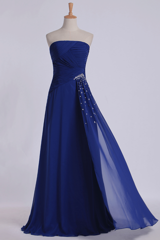 Classic Prom Dresses Strapless A Line Chiffon Floor Length With Ruffles And Beads