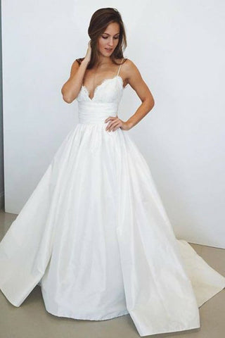 Spaghetti Straps Long Ivroy Lace Satin Wedding Dresses Bridal Dresses