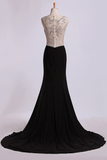 Bateau Prom Dresses Sheath/Column Spandex With Beads Sweep Train