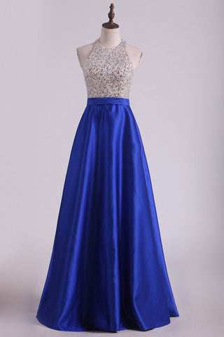 Dark Royal Blue Halter Beaded Bodice Prom Dresses Satin Open Back