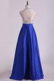 Dark Royal Blue Halter Beaded Bodice Prom Dresses Satin Open Back