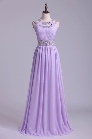 Sexy Prom Dresses Scoop A Line Floor-Length Open Back Chiffon With Beading