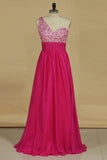 Prom Dress One Shoulder Beaded Tulle Bodice Ruffled Waistline With Shirred Chiffon Skirt