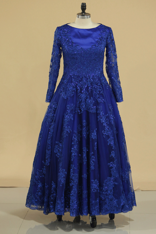 Dark Royal Blue Long Sleeves A Line Tulle With Applique