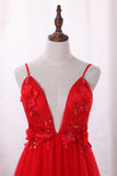 Prom Dresses Spaghetti Straps Tulle With Applique And Handmade Flower