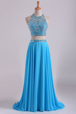 Two-Piece A Line Prom Dresses Beaded Bodice Open Back Chiffon & Tulle