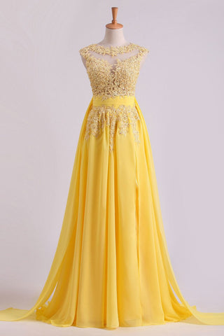 Enchanted Bateau A-Line Court Train Prom Dresses With Applique & Bow-Knot Daffodil