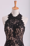 Black Halter Prom Dresses Mermaid Lace Floor Length Open Back