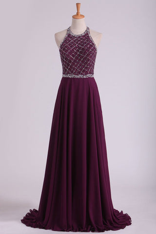 Grape A Line Prom Dresses Halter Beaded Bodice Open Back Sweep Train Chiffon & Tulle