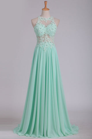 See-Through Scoop A Line Chiffon Prom Dresses With Applique Floor Length