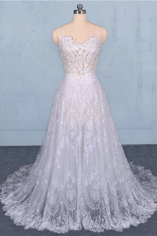 Spaghetti Straps Sweetheart Lace Wedding Dresses, Lace Bridal Dresses With Long Train