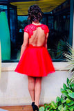 Impressive Red Open Back Round Neck Lace Appliques Homecoming Dresses