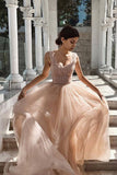 New Arrival Straps Prom Dresses A Line Tulle With Beading Sweep Train