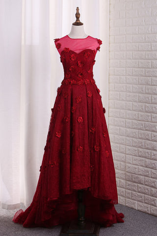 Sweetheart Lace Asymmetrical Prom Dresses With Handmade Flowers