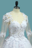 A Line V Neck Long Sleeves Wedding Dresses Tulle With Applique