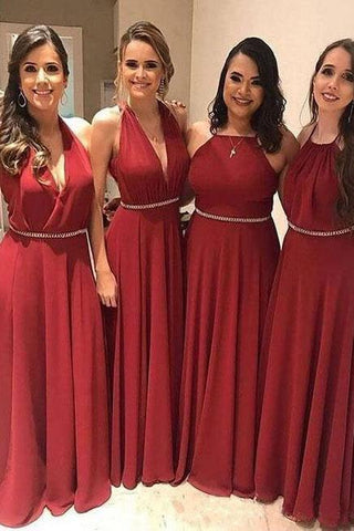 Elegant A Line Chiffon Red Crystal Maid of Honor, Bridesmaid Dresses with SJS20459