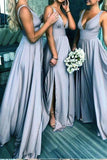 Elegant A Line V Neck Blue Straps Bridesmaid Dresses, Wedding Party SJS20413