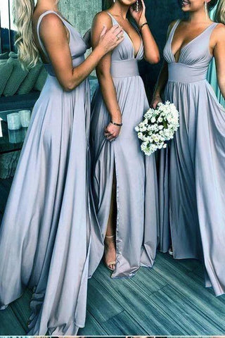 Elegant A Line V Neck Blue Straps Bridesmaid Dresses, Wedding Party SJS20413