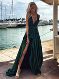 Deep V Neck A Line Sweep Train Evening Dresses