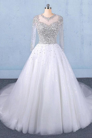 Puffy Long Sleeves Tulle White Wedding Dress, Shiny Long Bridal Dresses