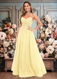 Samantha Ball-Gown/Princess V-Neck Floor-Length Tulle Prom Dresses With Sequins Appliques Lace JLP0025837