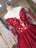 A-line Long Sleeves Sweetheart Lace Floor-Length Burgundy Cheap Prom Dresses JS760