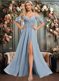 Yvonne A-line Cold Shoulder Floor-Length Chiffon Bridesmaid Dress With Ruffle JLP0025797