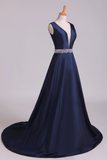 New Arrival V-Neck Prom Dresses A Line Beaded Waistline Court Train