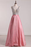 Taffeta Prom Dresses V Neck Beaded Bodice A Line Floor Length