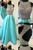 Long A-line Teal Beading Open Back Satin Modest Floor-Length Prom Dresses JS154