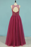 Open Back Scoop Prom Dresses A Line With Beading Tulle Floor Length