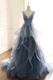 Spaghetti Straps Blue Gray Tulle V Neck Long Ruffles Prom Dresses with Lace Applique SJS15411